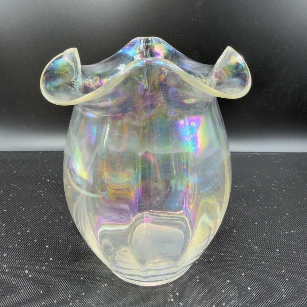 Silvestri‎ Iridescent Carnival Glass Vase Ruffled Rim Pearlescent Luster Clear